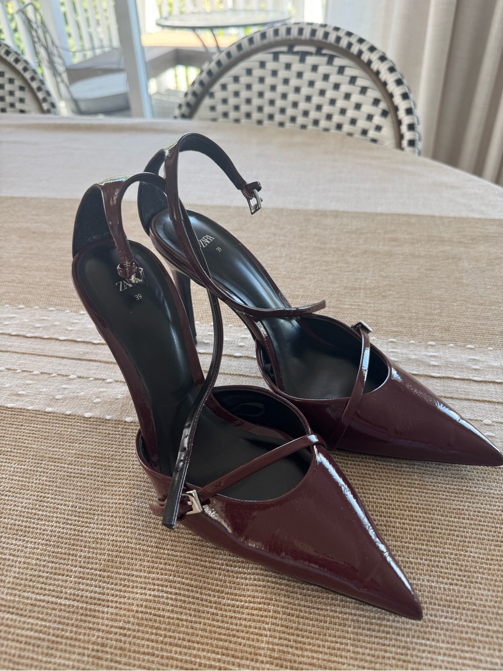 Zara Burgundy Patent Pointed Slingback Heels with Cross Straps